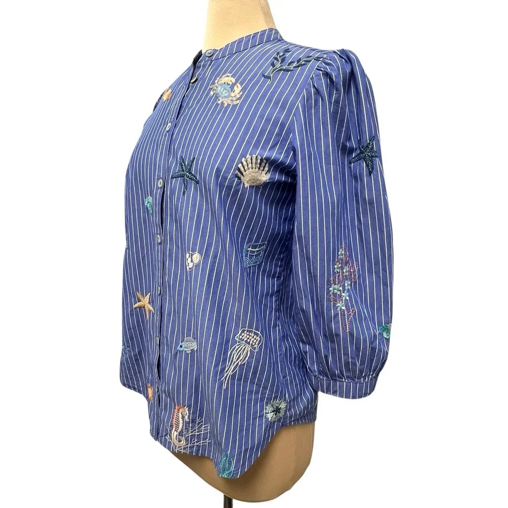 Johnny Was Workshop Striped Blue Embroidered Seashells Ocean Shirt XS Blouse